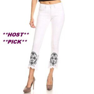 NWT White Skinny Cropped Denim Jeans, Embroidered